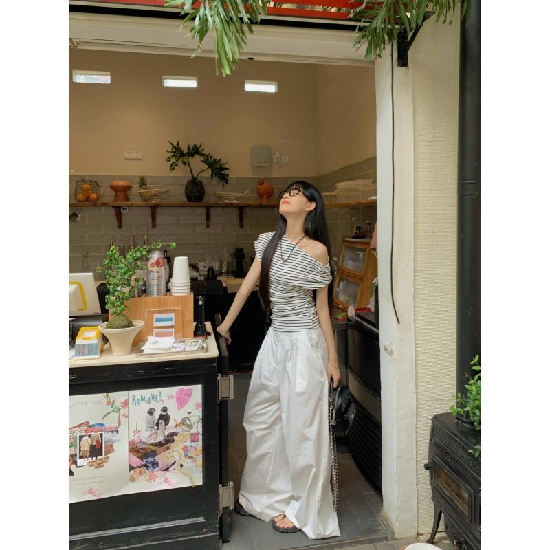 Women Striped One Shoulder Short Sleeve Slim Fit Casual T Shirt Top