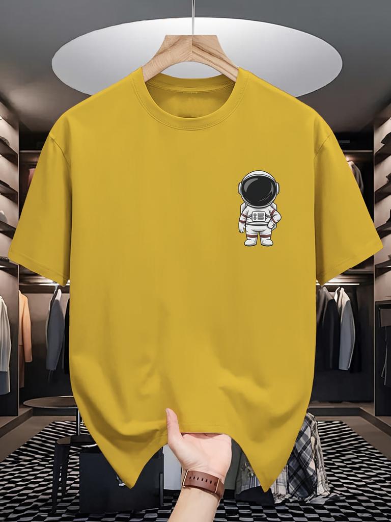 Unisex Crew Neck Tee Small Pocket Astronaut Cartoon Graphic Print Soft Cotton Loose Short Sleeve Summer Casual Male Streetwear Tops