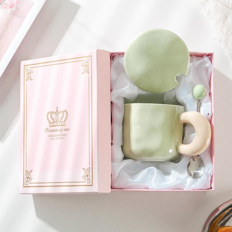 High-looking Mug with Lid Spoon Cute Girl Ceramic Coffee Cup Couple Office Breakfast Cup