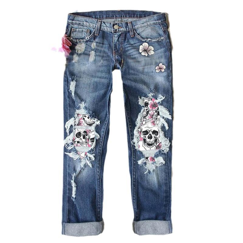 Jeans Rasgados con Calavera de Moda para Mujer - Estilo Europeo y Americano, Pierna Recta, Dobladillo Enrollado, Pantalones de Talla Grande