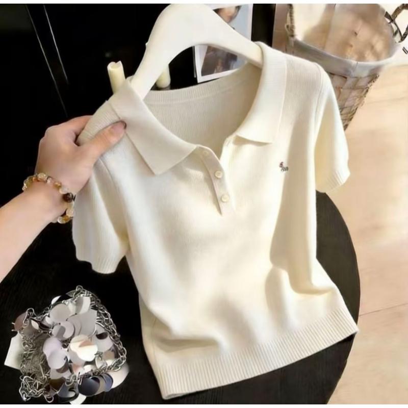 Summer New Style Women's Sweet Style Polo-neck Short-sleeved T-shirt Knitted Top