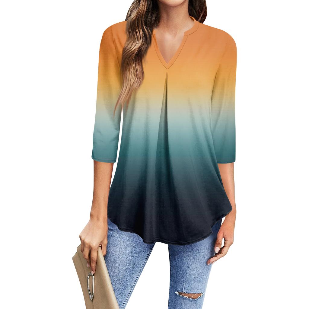 Women's Fashion Casual Three-Quarter Sleeve T-Shirt Printed V-Neck Top