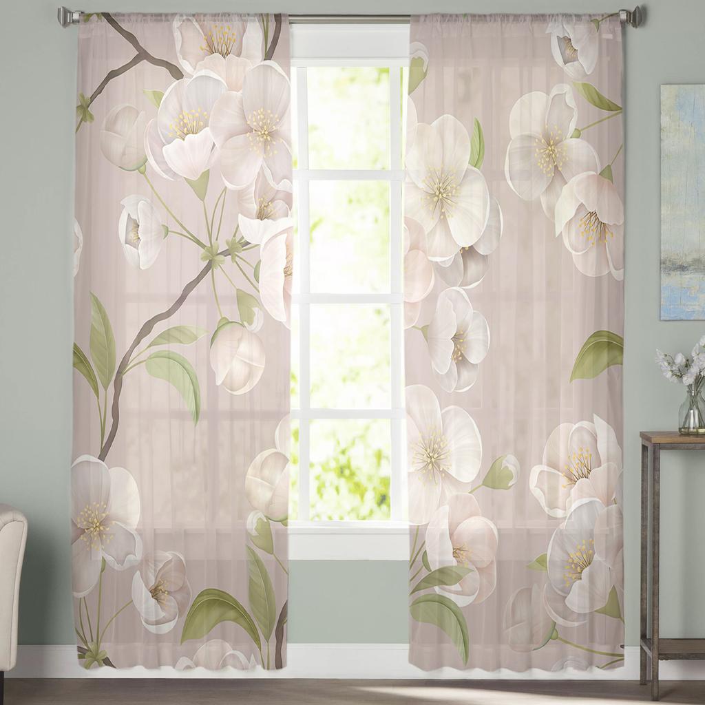 Spring Brown Background Peach Blossom Tulle Curtains For Living Room Home Decor Window Curtain Kitchen Sheer Voile Curtain