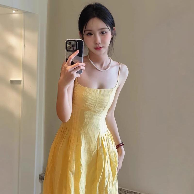 Yellow Backless Spaghetti Strap Summer Dress 2026 - Waist-Cinching Long Vacation Dress Small