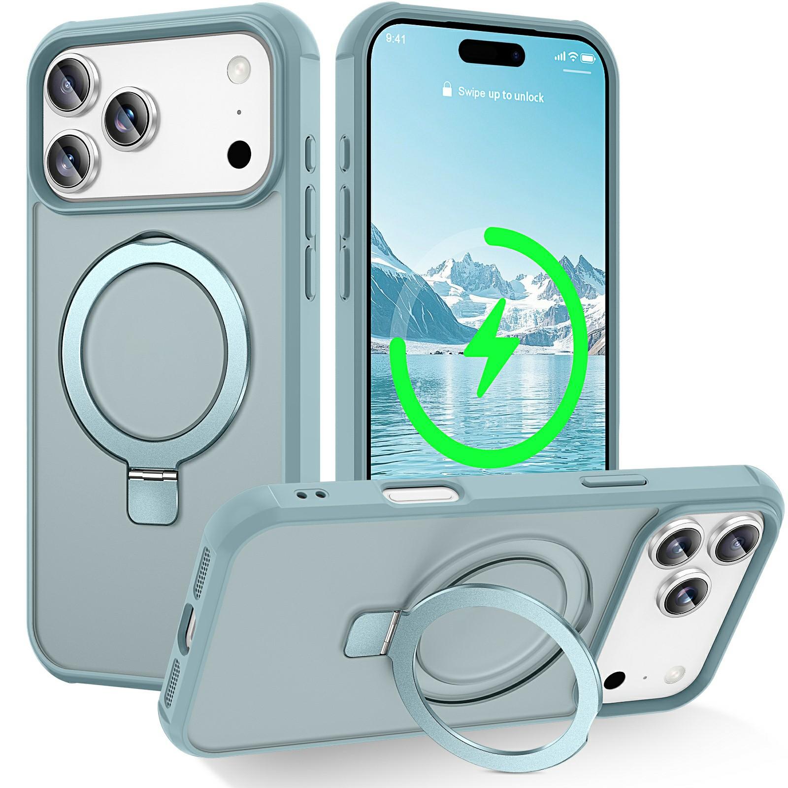 

For iPhone 17 Pro Max Case Compatible with MagSafe Ring Holder Kickstand TPU+PC Phone Cover Lake Blue