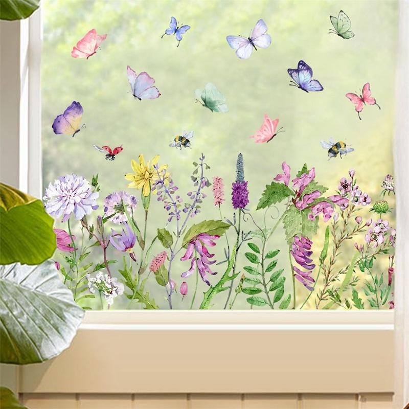 Blomster Sommerfugl Vindusklistremerke Dobbeltsidig Trykt Elektrostatisk Vakkert Våren Kommer Stil Soverom Glassdekorasjon Hjemmedekor