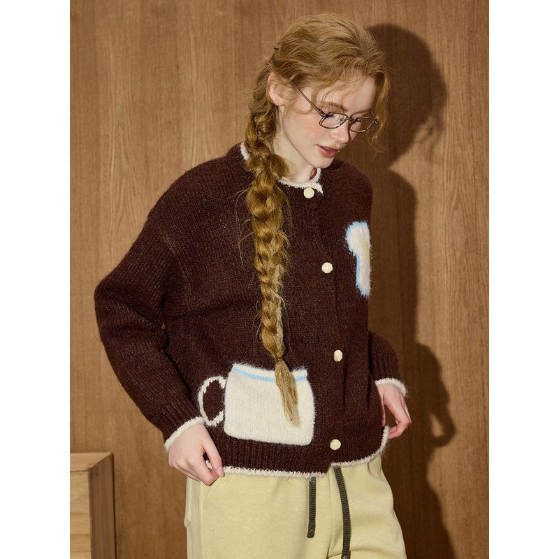 Coolhut Sweet and Age-Reducing Patchwork Contrasting Color Knitted Round Neck Casual Versatile Cardigan Winter New Women's Sweater