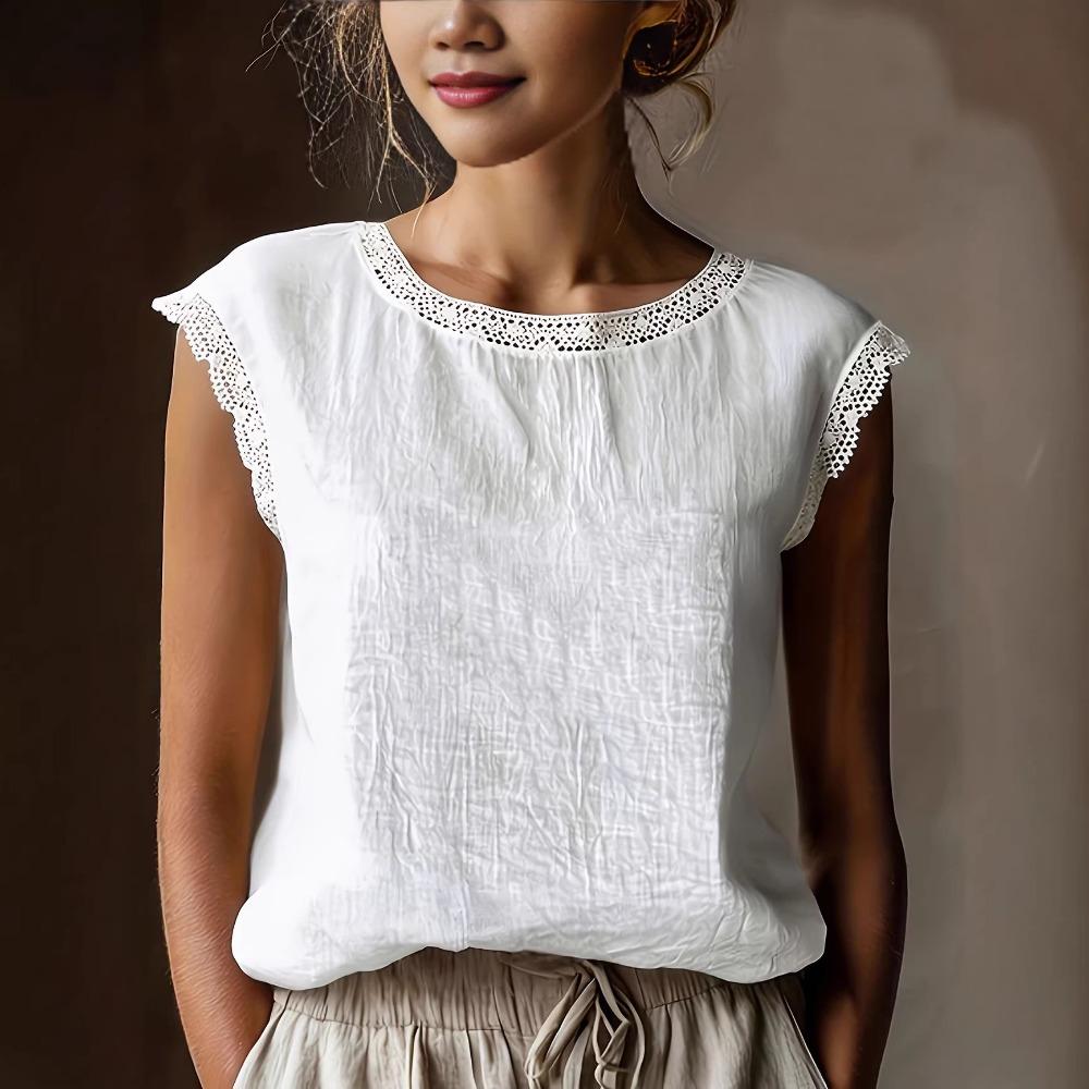 Lniany top z krótkim rękawem w stylu retro z damskim koronkowym patchworkiem, okrągły dekolt, luźny i wyszczuplający, letnia oddychająca lniana koszulka