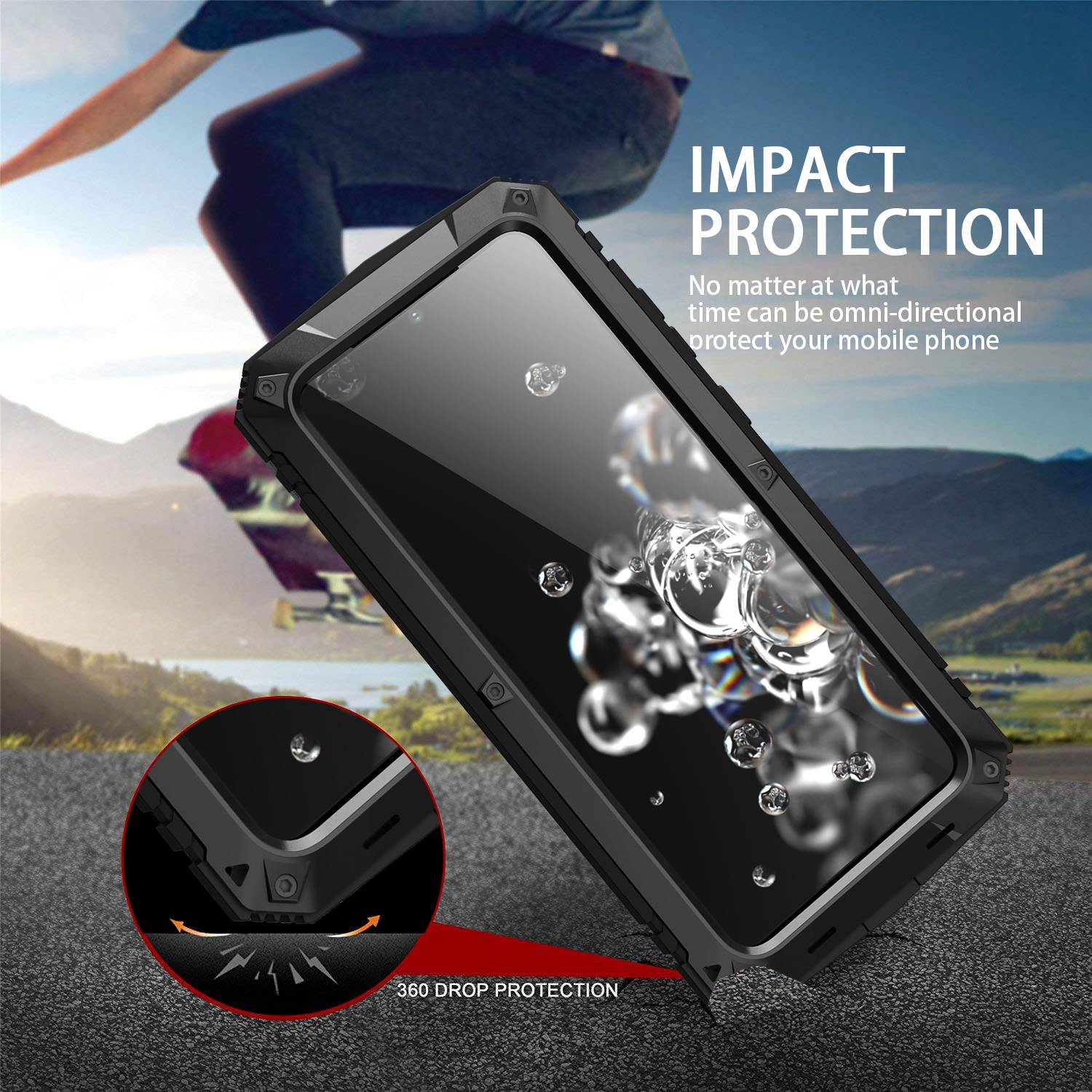 

R-JUST For Samsung Galaxy S20 Ultra Metal+Silicone+PC Phone Case Kickstand Full Cover Shell with Tempered Glass Film Silver