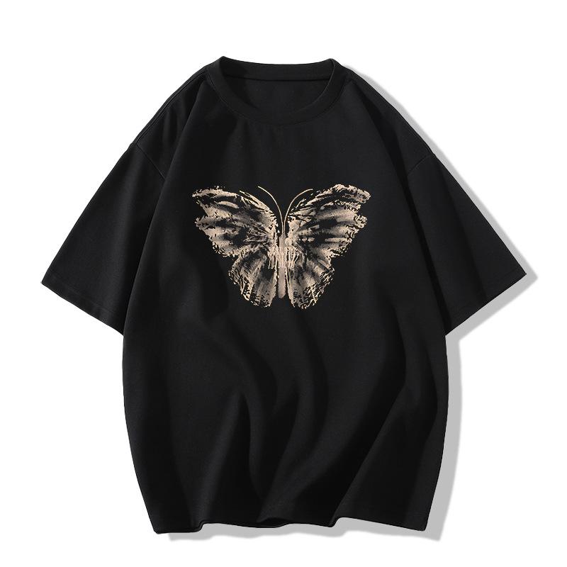 Ladies Summer Short Sleeve Round Collar Casual Teenager Pullover Oversize Butterfly Printed Cotton T Shirt Top