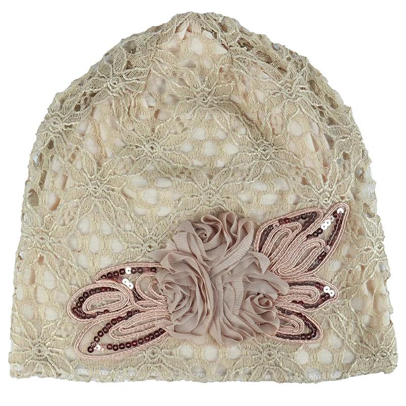Elegant Women Sequins Lace Turban Cap Flowers Muslim Headwear Hat Female Head Wraps Ladies Headscarf Bonnet Turbante Mejur