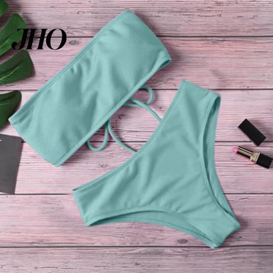 Bikini Set 1 Women Beach Suit with Chest Pad No Underwire Solid Color Elastic Female Bandeau High Waist Bathing Two-piece Swimming Trunks Split