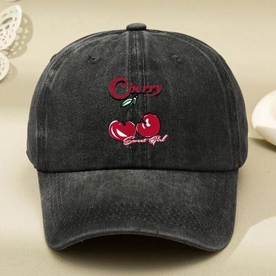 Cherry Sweet Girl Washed Baseball Cap Retro Distressed Print Adjustable Unisex Casual Sports Cap