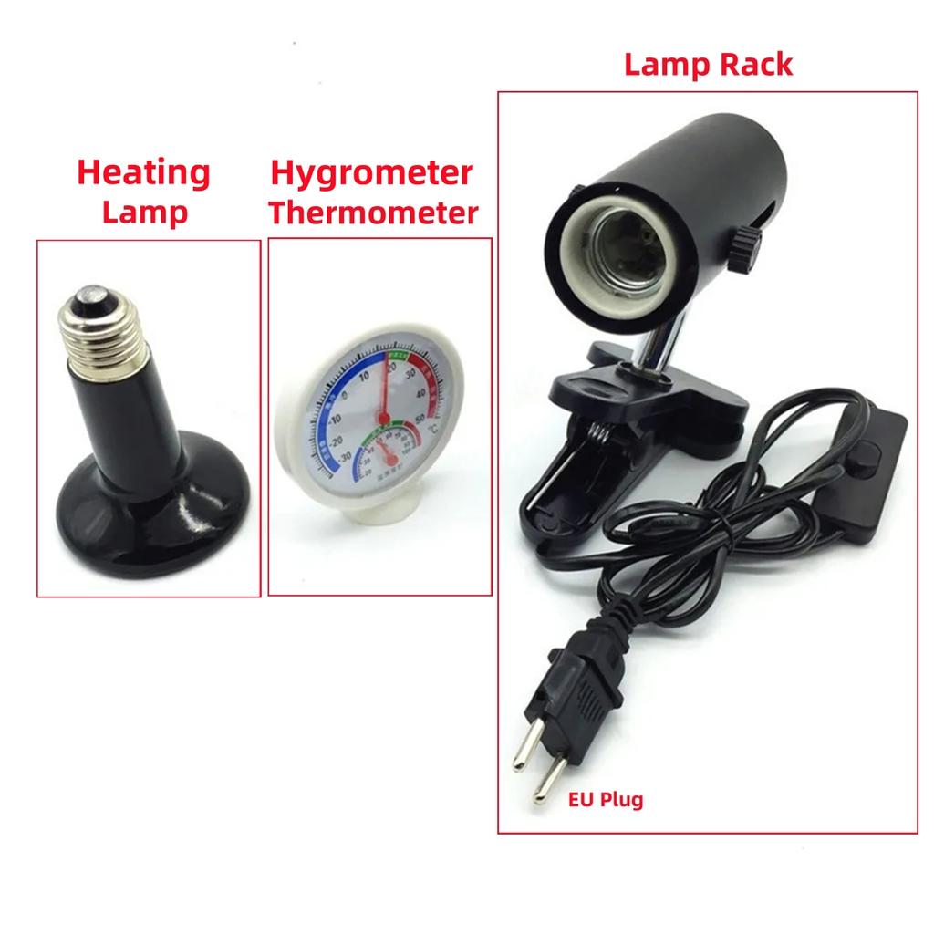 1Set Reptile Heating Lamp Kit 360 Degree Rotation Clamped UVA/UVB Lamp Rack Thermometer Hygrometer EU Plug 25/50/75/100/150/200W