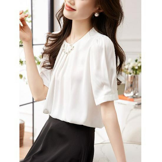 

Модная женская блузка из шифона в европейском стиле 2025 года с круглым вырезом и короткими рукавами S белый