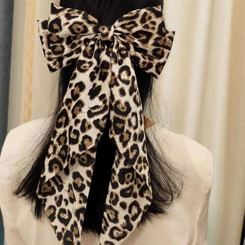 Vintage Leopard Print Bowknot Hairpin Long Ribbon Back Head Spring Clip Ponytail Headwear for Women Elegant Versatile Hairpin