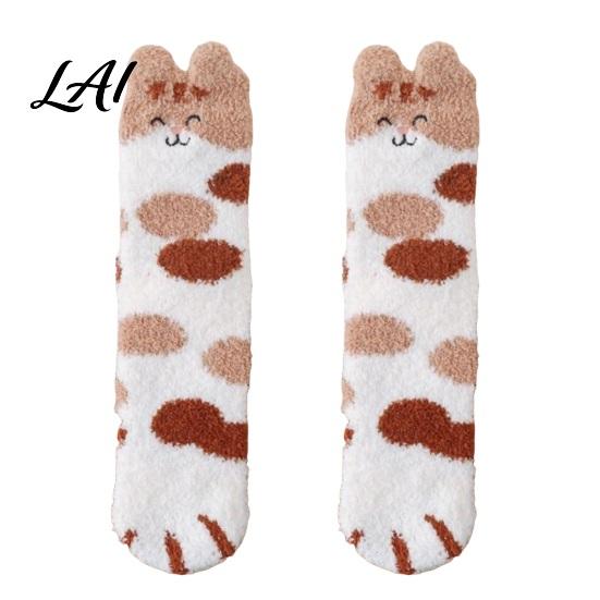 Winter Gifts for Girlfriends Cute Cat Paw Socks Women Fuzzy Socks Cozy Soft Plush Embroidered Women Animal Slipper Warm Coral Fleece Sleeping Autumn