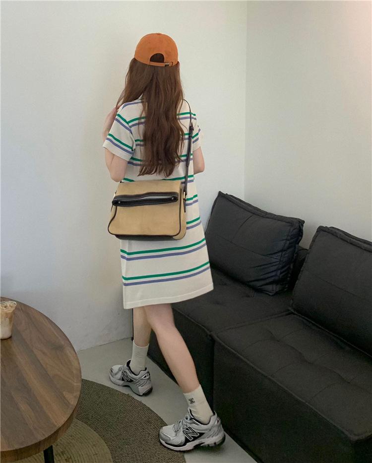 Women's Striped Summer Polo Dress - Loose Knit Bell-Sleeve Design