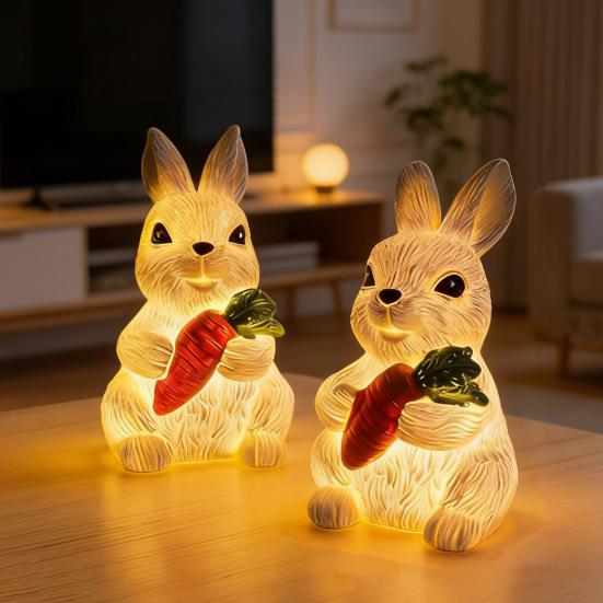 Resin Bunny Figurine Light Up Bunny Holding Carrot Statue Easter Rabbit Sculpture for Spring Farmhouse Home Table Decor