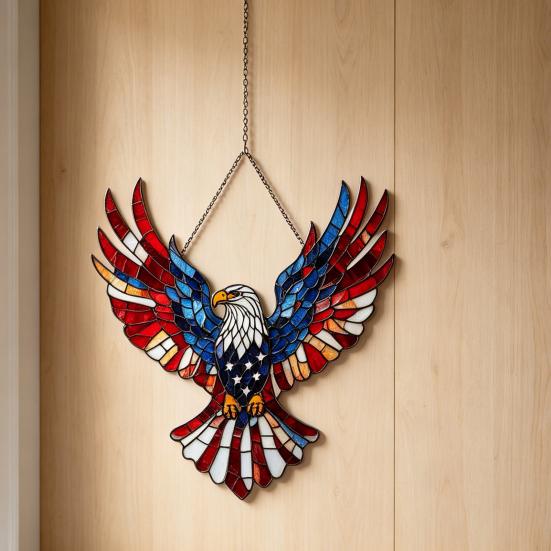 4th of July Suncatcher for Window Hanging Acrylic Stained Glass Heart/Eagle Ornament Patriotic Red White Blue Sun Catcher Panel for Memorial Day Decor