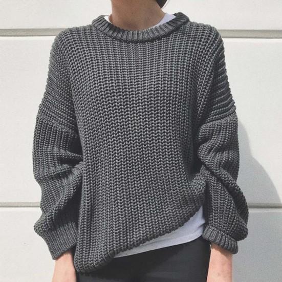 O-Neck Long Sleeve Knitted Sweater Ribbed Edge Solid Color Coarse Yarn Women Sweater Female Clothing