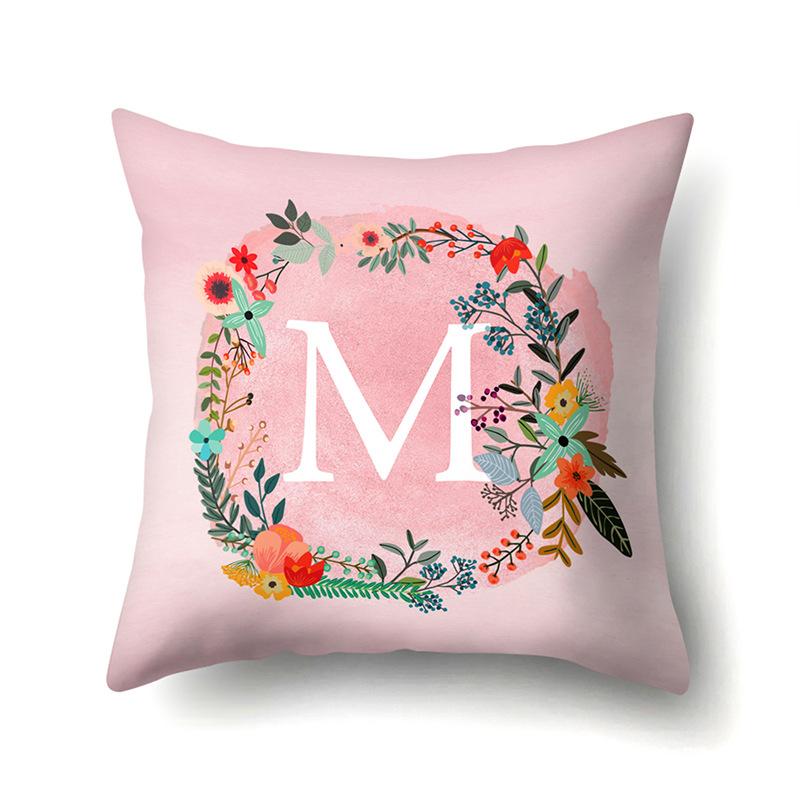 Polyester Pillowcase Pink Flower Home Decoration Print 26 English Letter Cushion Pillowcase