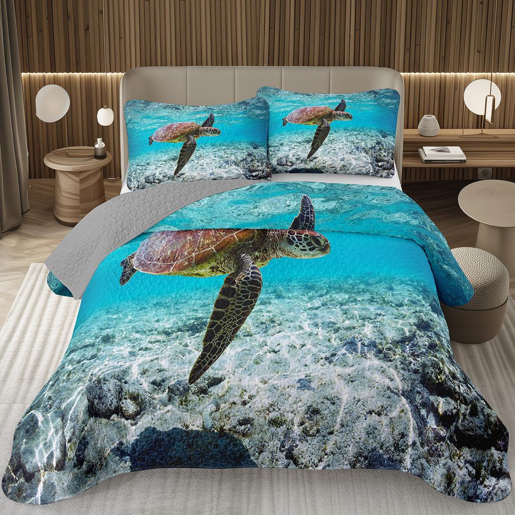 Sea Turtle Bedspread Queen Twin Underwater World Ocean Animal Coverlet Reptile Tortoise Print Quilted Bedding Set for Kids Adult