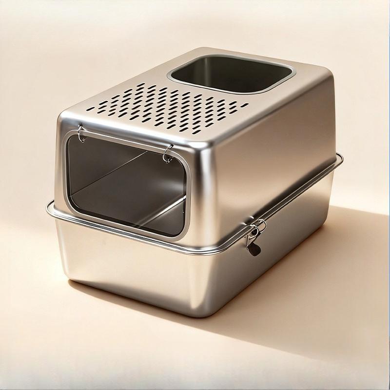 Stainless Steel Cat Litter Box Fully Enclosed Anti-Splash Cats Toilet Metal Kitty Washroom Rustproof High Sided Cat Bedpans