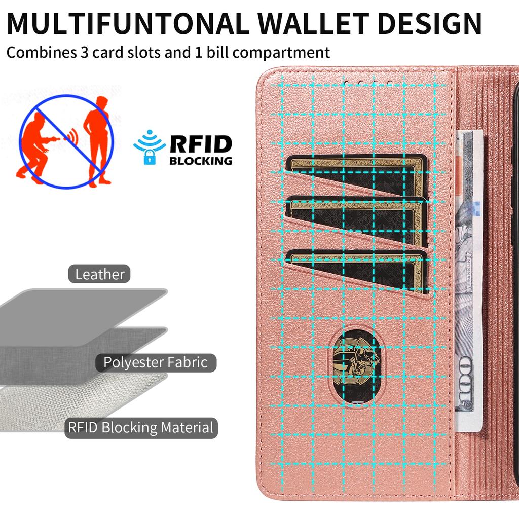 For iPhone 15 Pro Leather Case Litchi Texture RFID Blocking Wallet Stand Phone Cover