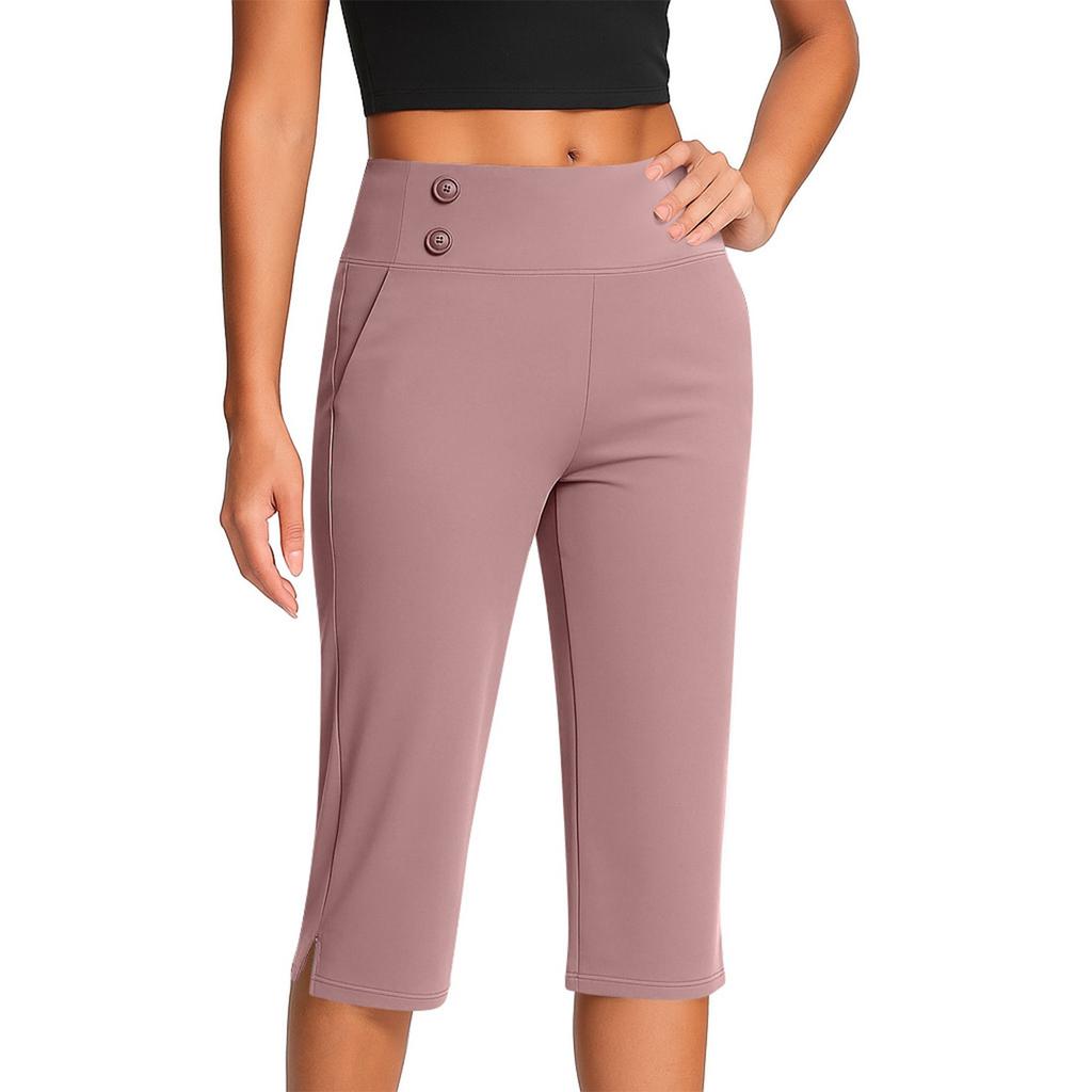 Pantalones de Moda para Mujer de Color Sólido con Bolsillos con Botones y Bajos Divididos Cintura Alta Deportes Yoga Casual Pantalones Recortados