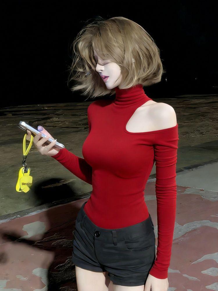 Retro Hong Kong Style Off-Shoulder High Neck Top - 260g Cotton Modal, Slimming Fit.