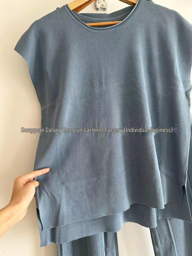 2026 Solid Color Knit Set: Sleeveless Top & Wide-Leg Crop Pants, Slim Fit, Round Neck