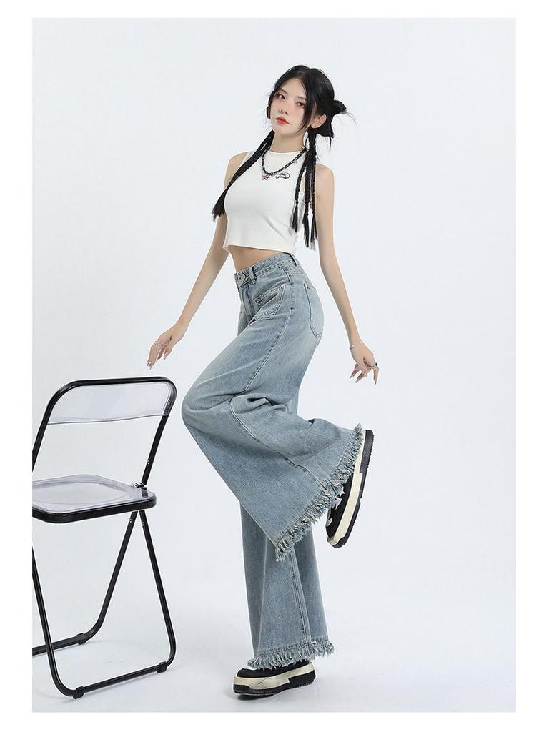 American Raw Edge Wide-Leg High-Waist Jeans for Women - Trendy Floor-Length Straight Pants