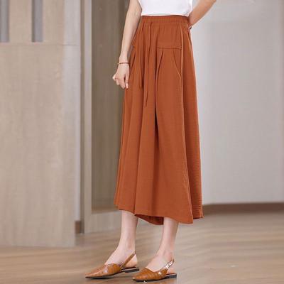 Women Cropped Pants Solid Color Wide-Leg Elastic Waist Casual Trousers