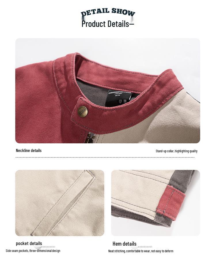 Men's American Retro Patchwork Harrington Jacket - Heavy-Duty, Loose Fit, Autumn/Winter 2025, Color Block Trendy Workwear