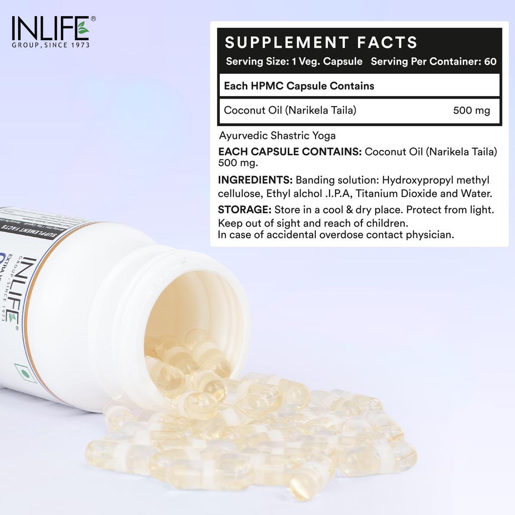 INLIFE Coconut Oil Capsules 500mg, Extra Virgin Cold Pressed, 60 Count