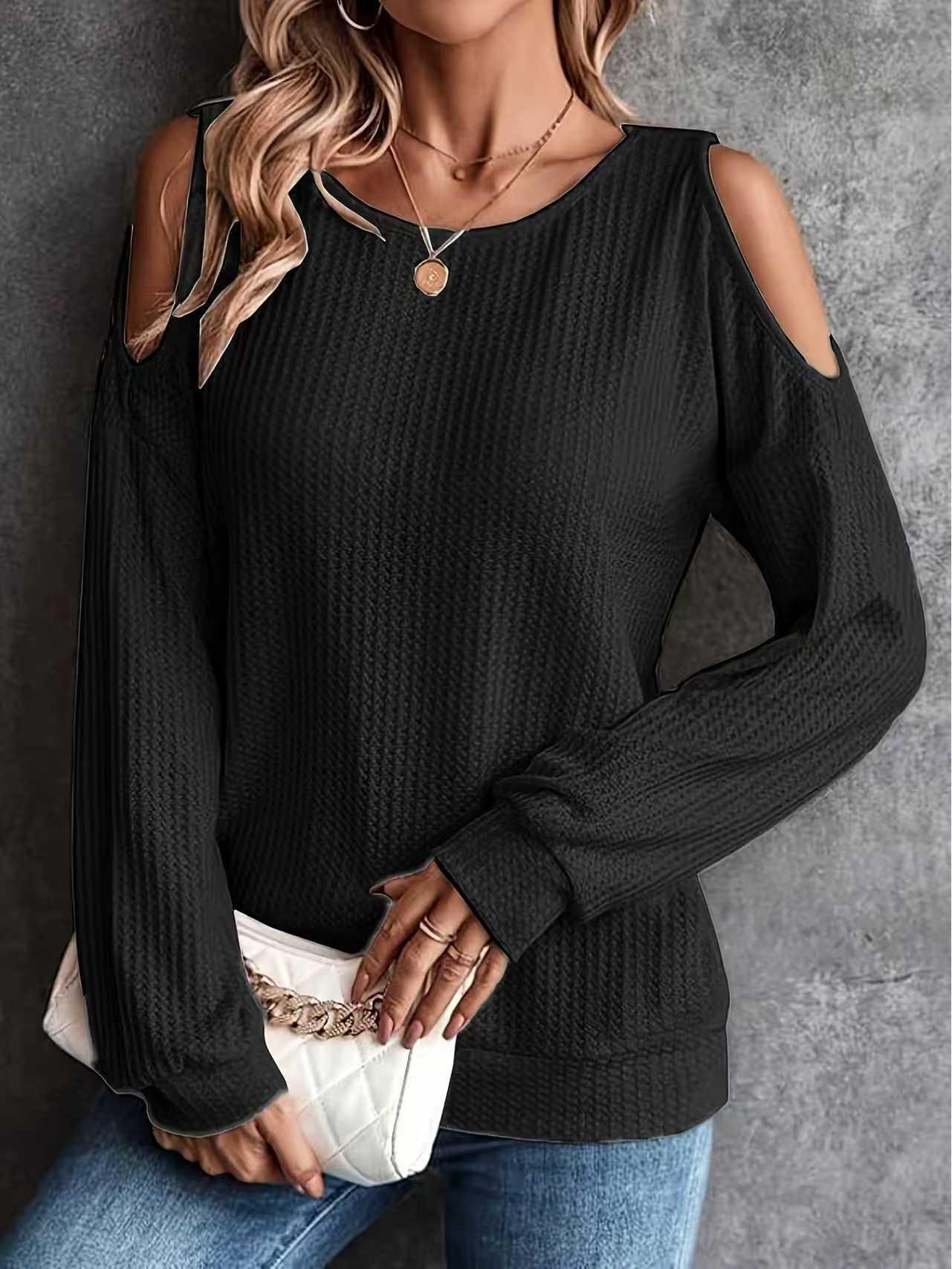 

2025 Women s Off-Shoulder Back Button Long Sleeve T-shirt for Autumn/Winter 4XL чорний