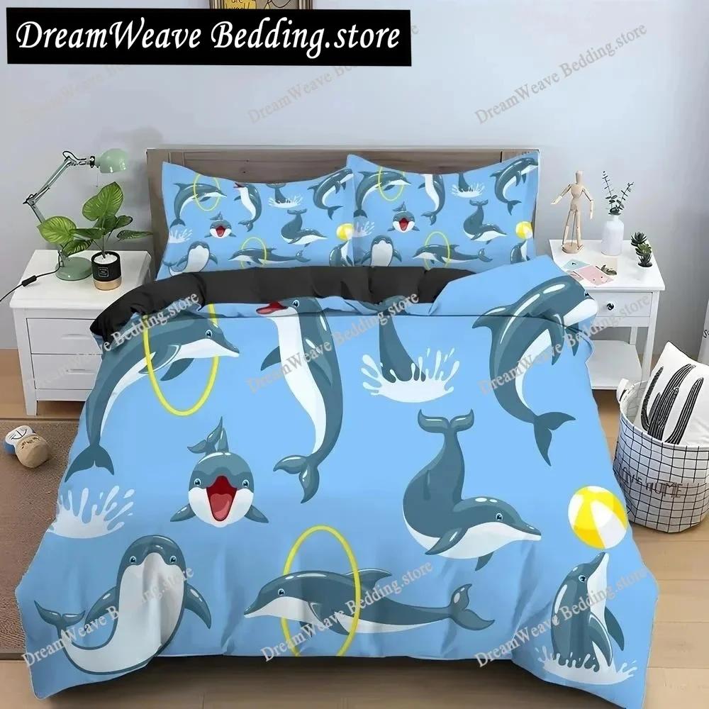 Bule Dolphin Whale King Queen Duvet Cover Underwater World Bedding Set Cartoon Sea Animal Comforter Cover Polyester Quilt Cover