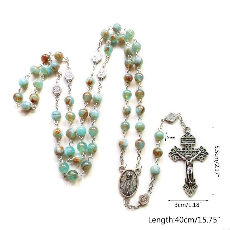 62KD Rosary Beads Necklace 6mm with Jesus Christ Crucifix for Cross Catholic Pendant Party Gift