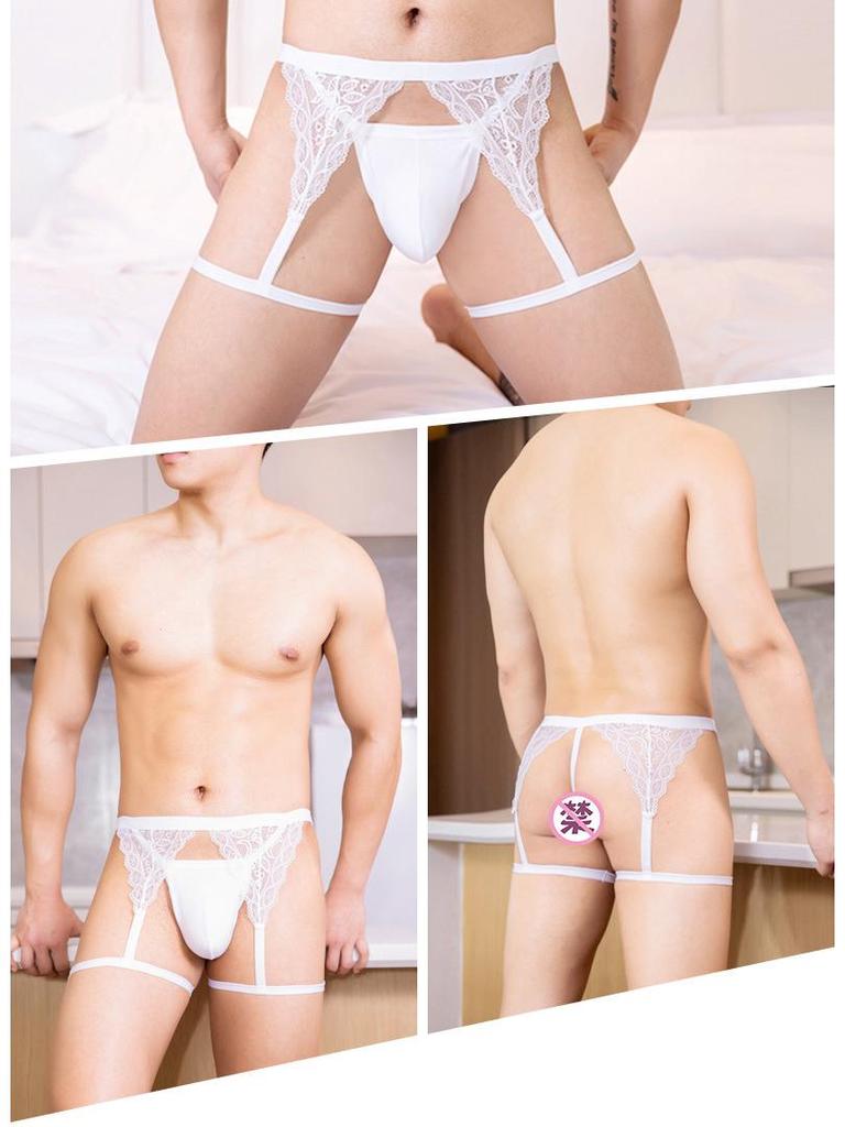 Men's Lace Suspender Garter Thong with Bulge Pouch and T-Back