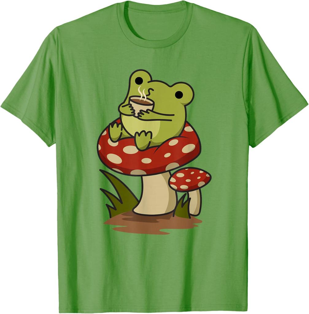 Cute Frog Drinking Coffee on Mushroom Cottagecore Aesthetic Graphic Tee Casual Cotton T-Shirt