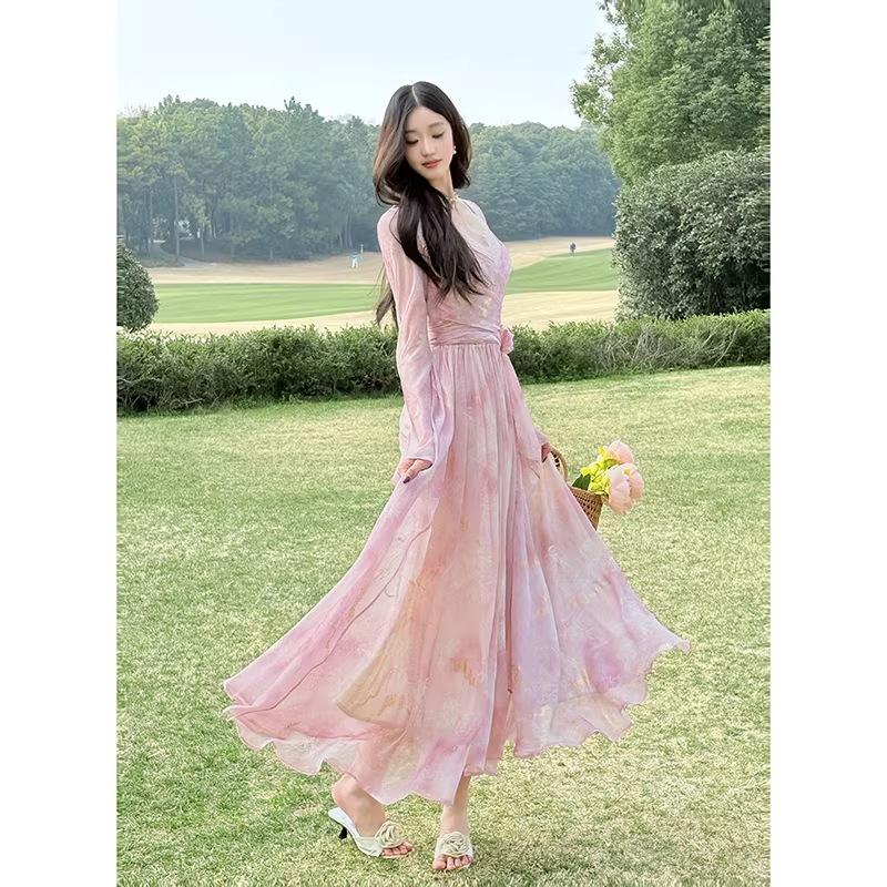 Peach pollen tea break dress lace dress French floral vacation pink long dress tulle slim fit vacation style