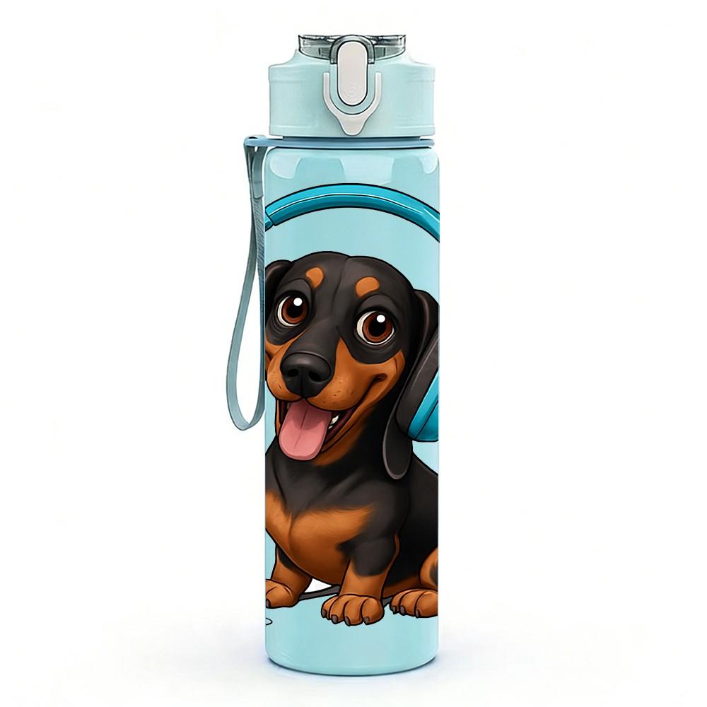 1PC Dachshund Dog Wearing Headphone Print 750ml Color Plastic Sports Water Bottle Leakproof Flip Straw Lid Suitable for Sports Office Home Use