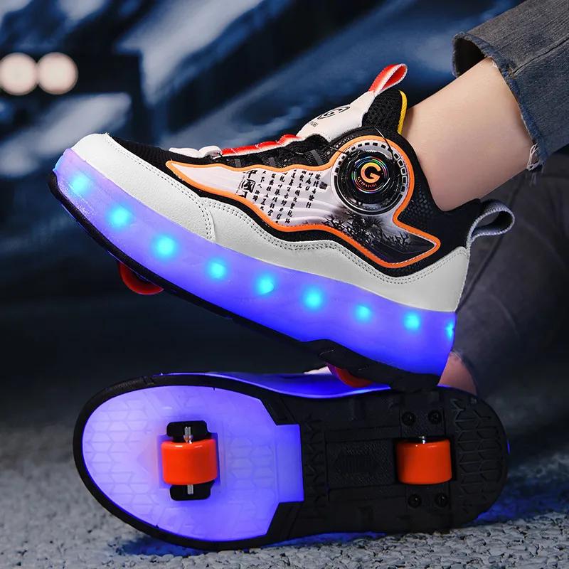 

New Parkour With LED Roller Shoes Fashion Men 2-Wheel Retractable Sneakers With Wheels Unisex Roller Skates Casual Shoes EUR-29