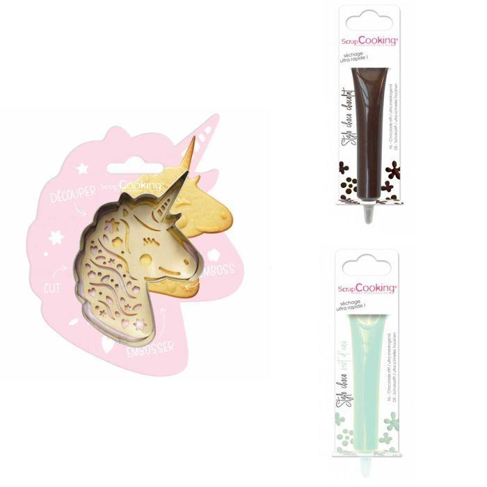 Unicorn Embossed Cookie Kit + 2 Brown and Water Green Chocolate Pens