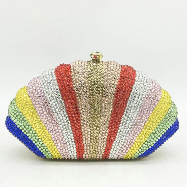

Boutique De FGG Shell Shape Women Rainbow Crystal Clutch Purse Metal Minaudiere Evening Bags Party Cocktail Rhinestone Handbags Mini Clutch