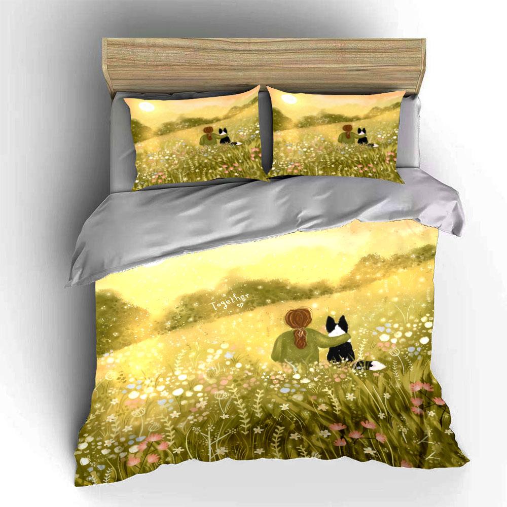 3Pcs Warm Sunlight Bedding Set, Girl And Dog In Spring Flower Field Print Duvet Cover & 2*Pillowcases, Gift