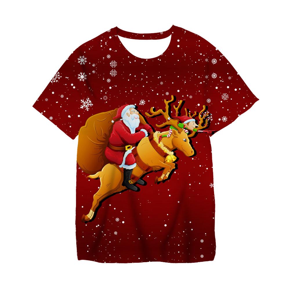 Boys' Merry Christmas Short Sleeve Summer Kids' Cartoon Santa Claus Elk Print T-shirt Casual Tshirt Loose Clothes Children Top