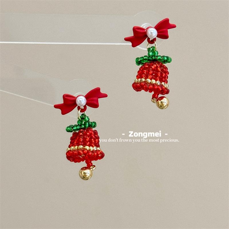 3D Christmas Tree Earrings with Red Bow - Heavy Beaded Crystal Ear Clips, Hand-Woven Holiday Accessories