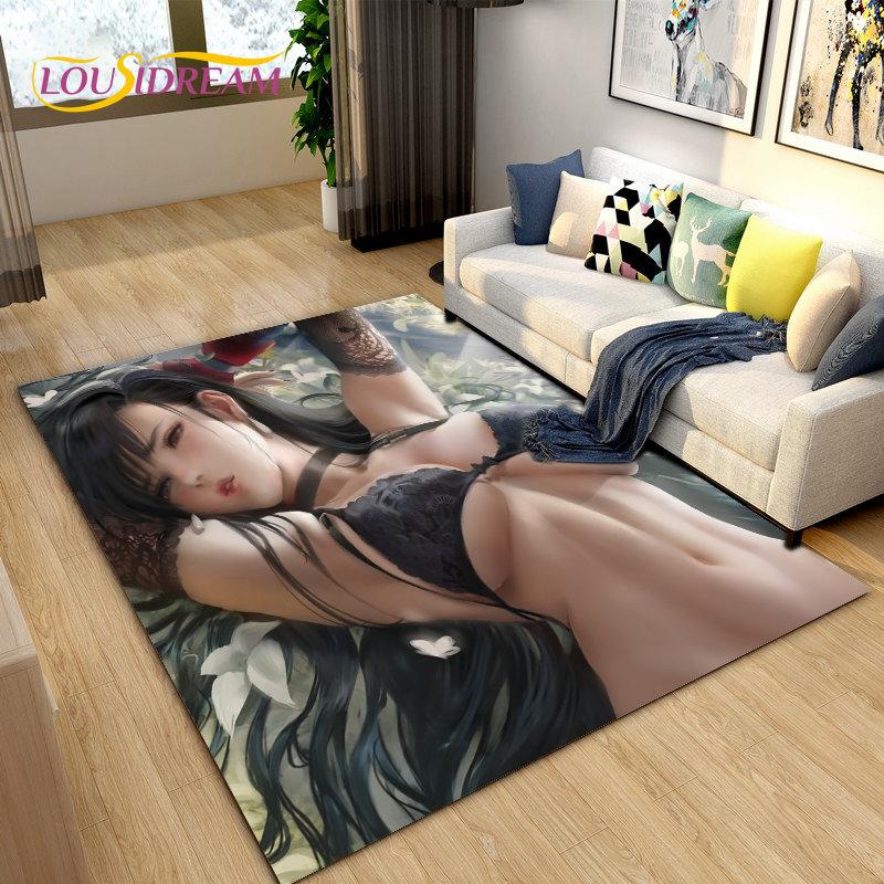 Sexy Girl Lace Tifa Aerith Anime Area Rug,Carpet Rug for Living Room Bedroom Sofa Doormat Decoration, Kids Non-slip Floor Mat 3D
